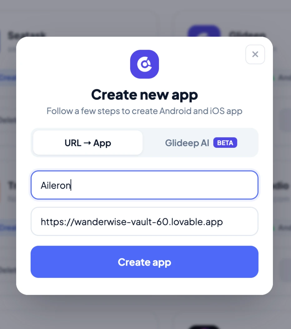 Glideep's Create new app dialog with the app name Aileron and the Lovable URL pasted in