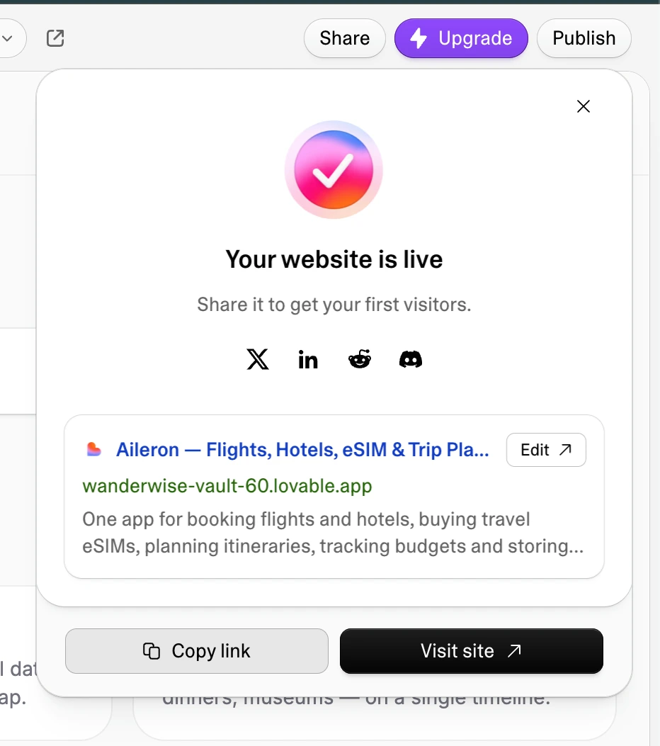 Lovable's publish dialog showing the live URL wanderwise-vault-60.lovable.app for the Aileron travel app